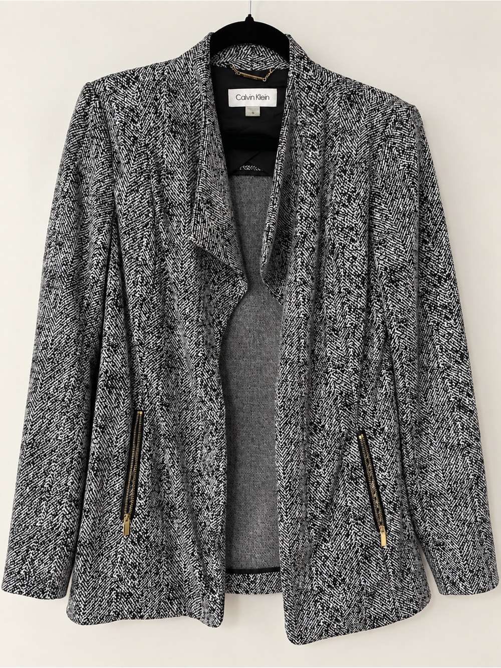 Calvin Klein Black White Herringbone Open Front Blazer Gold Zip Pockets